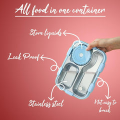 Stainless Steel TEC TAVAKKAL Lunch Box: 3 Compartments, Leak-Proof, BPA-Free. Includes Fork, Spoon, Chopsticks. (Blue, 750 ml)" 

* Compact: perfect for kids, school, and office use.
* High-quality, durable materials ensure lasting performance.